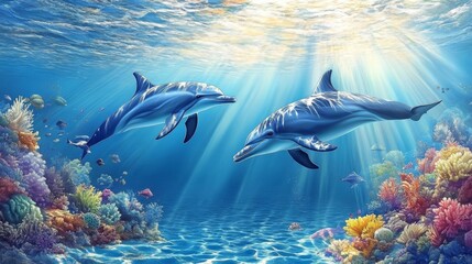 Obraz premium Two Dolphins Swimming in Vibrant Coral Reef