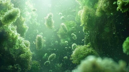 Fototapeta premium Close-up of vibrant green microorganisms in a serene underwater environment.