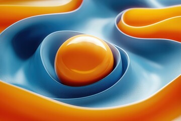 Vivid abstract yellow sphere on blue and orange undulating textured surfaces
