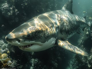 Fototapeta premium A detailed underwater image of a shark adorned with intricate tattoos, showcasing marine flora in a vibrant ecosystem.