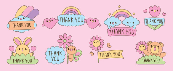 cute kawaii style hand drawn cartoon set with thank you text illustration vector