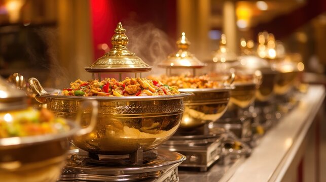 A buffet line with steaming, golden-hued dishes.  Rows of warm,  delicious food are ready to be served