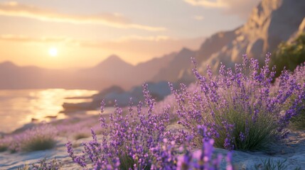 Purple Lavender Field at Sunset Coastal Mountain Landscape