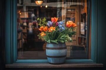 Vibrant floral arrangement in a rustic vase displayed on a windowsill.