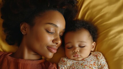 Newborn Motherhood  Skin to Skin concept. Mother and baby sleeping peacefully together
