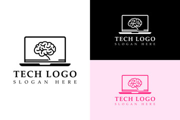 laptop with brain illustration, abstract, vector, icon, logo for tech, electronics, artificial intelligence, cloud computing, data transfer, data analyst, internet of things, fintech, and more