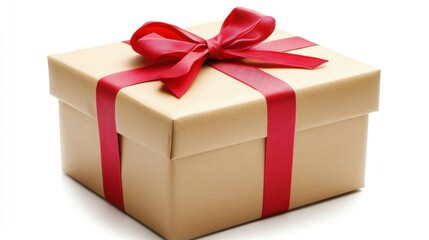 Obraz premium A gift box, elegantly wrapped in light beige paper and adorned with a crimson ribbon bow