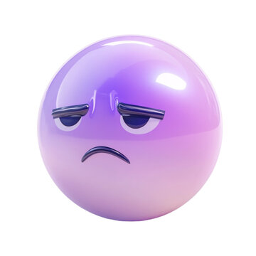 A purple 3D emoji shows a displeased unhappy face expression