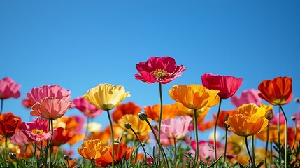 Fototapeta premium Vibrant colorful flowers in a field against a clear blue sky