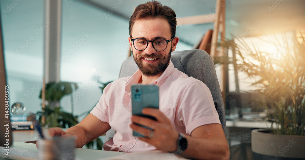 Poster office, phone and smile with business man at desk for investment or portfolio management. communicat
