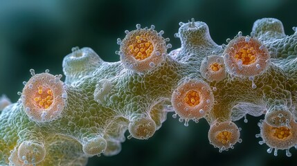 Close-up view of intricate microscopic plant structures with orange details.