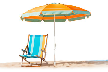 Colored beach umbrella stands beside a striped lounge chair on the sand, isolated in transparent background cutout png