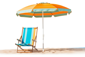Colored beach umbrella stands beside a striped lounge chair on the sand, isolated in transparent background cutout png