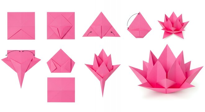 Step-by-step instructions for creating a pink origami lotus flower.