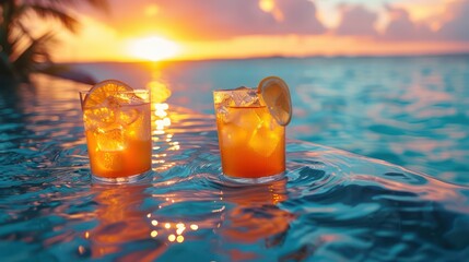 Floating bar with cocktail drinks in glasses. young couple vacation concept.
