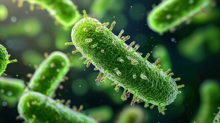 Microscopic view of green bacteria showing intricate details and textures.