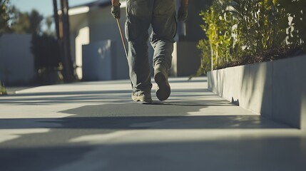Person Walking on a Sidewalk with a Shovel