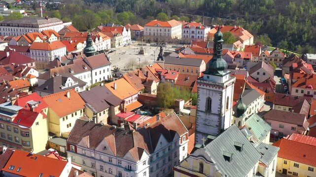 Aerial view to historic center of Stribro town. Medieval city from 12th century. It has about 8,100 inhabitants. Amazing tourist destination near Slavkovsky les. Czech Republic, Central Europe.