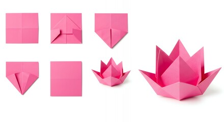 Step-by-step instructions for creating a pink origami lotus flower.