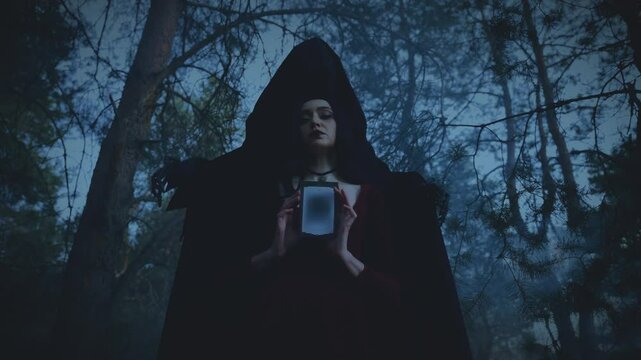 Fairy tale Gothic girl evil witch holding magic book, to call death ghost scares touches hug elf in night dark forest trees fog. Fantasy Woman red old style dress. Black hair sexy face goth makeup