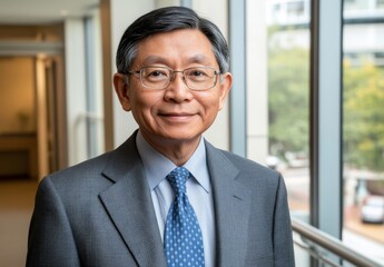 A confident economist or businessman is portrayed with a smile, exemplifying pride in their investment banking career, as a smart and happy professional in the financial industry