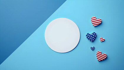 Patriotic USA Flag-Themed Hearts on Blue Background with White Circular Copyspace – Perfect for Celebrating American Pride, Independence Day, Memorial Day, and Veterans Day