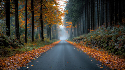 Obraz premium quiet autumn forest road lined with vibrant orange and yellow leaves, surrounded by tall trees and misty atmosphere, evokes sense of tranquility and peace
