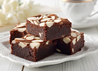 Brownies with Almond Slice on Plate