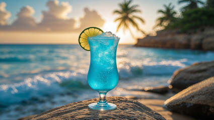 A vibrant blue cocktail with lime by the ocean at sunset, creating a tropical getaway vibe.