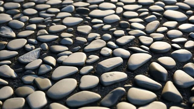Pebbles in Sunlight: A close-up shot of a smooth pebble surface. Each pebble catches the light, revealing subtle textures and gentle curves, hinting at the soothing qualities of nature.