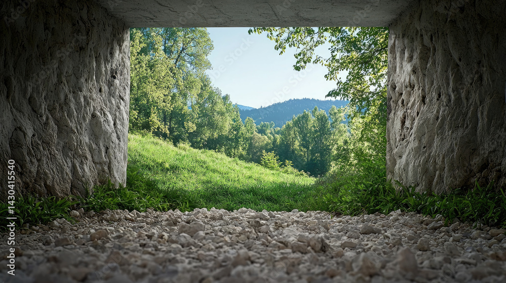 Poster serene view of lush green landscape framed by tunnel entrance, showcasing vibrant trees and rolling 