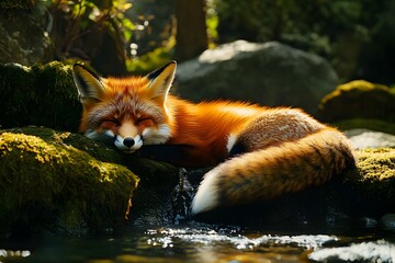 Fototapeta premium A sleeping fox rests peacefully on mossy rocks near a stream in a lush green forest setting scene