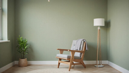 Cozy room interior with armchair, lamp, and plant