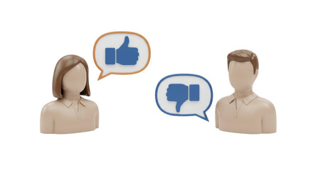 Isolated Woman and Man with Thumbs Up and Down Speech Bubbles