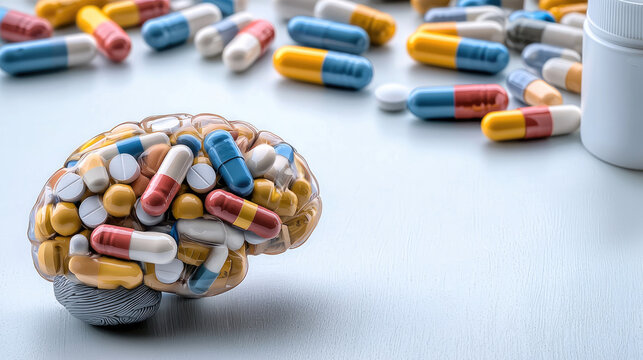 creative representation of brain made from various colorful pills, symbolizing connection between medication and mental health. scene conveys sense of complexity and importance of pharmaceuticals