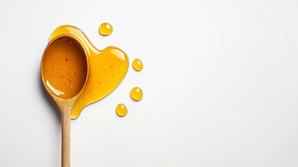 Pouring Honey From Wooden Spoon Creates Sweet Drizzle on White Surface