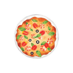 Watercolor Illustration of Seafood Pizza with Basil, Tomatoes, and Olives, hand painted food art