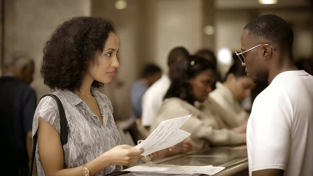 Customer Submitting Documents at a Post Office in Busy Afternoon Line