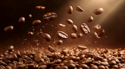 Coffee beans in motion create a dynamic and rich texture shot on a dark background with soft lighting