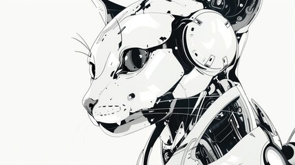 a white and black drawing of a robot calico cat 