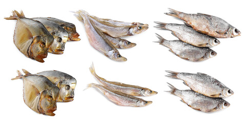 Different dried fish isolated on white, set