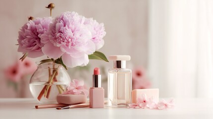 Delicate pink peonies and cosmetics arranged on a table.