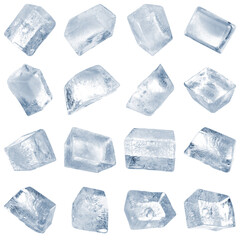 Naklejka premium Clear ice cubes on white background, set