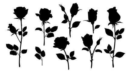 set of rose with leaves silhouette vector on white background