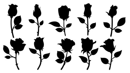 set of rose with leaves silhouette vector on white background