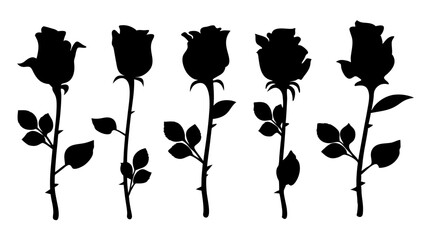 set of rose with leaves silhouette vector on white background