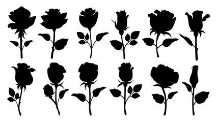 set of rose with leaves silhouette vector on white background