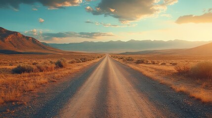 Panoramic view of a long, straight road cutting through a vast arid desert landscape