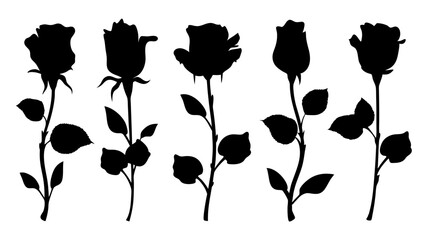 set of rose with leaves silhouette vector on white background