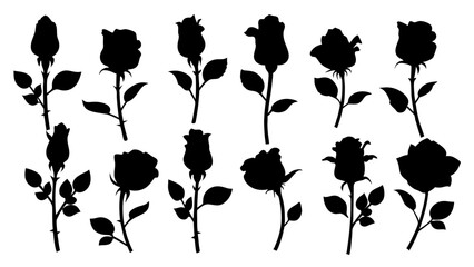 set of rose with leaves silhouette vector on white background